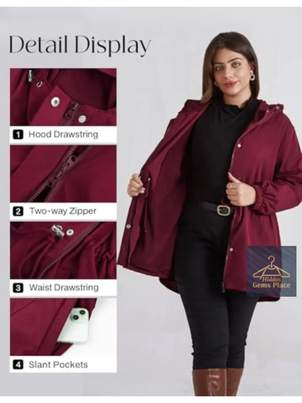 Plus Size Waterproof Fleece Lined Rain Jacket with Hood